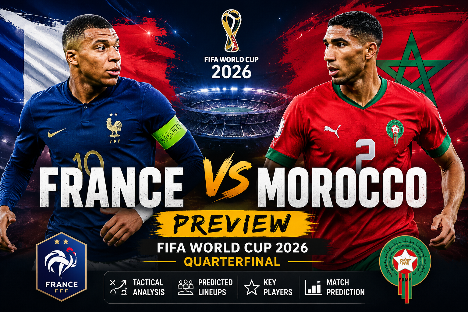 France vs Morocco Preview for the FIFA World Cup 2026 quarterfinal featuring Kylian Mbappé and Achraf Hakimi
