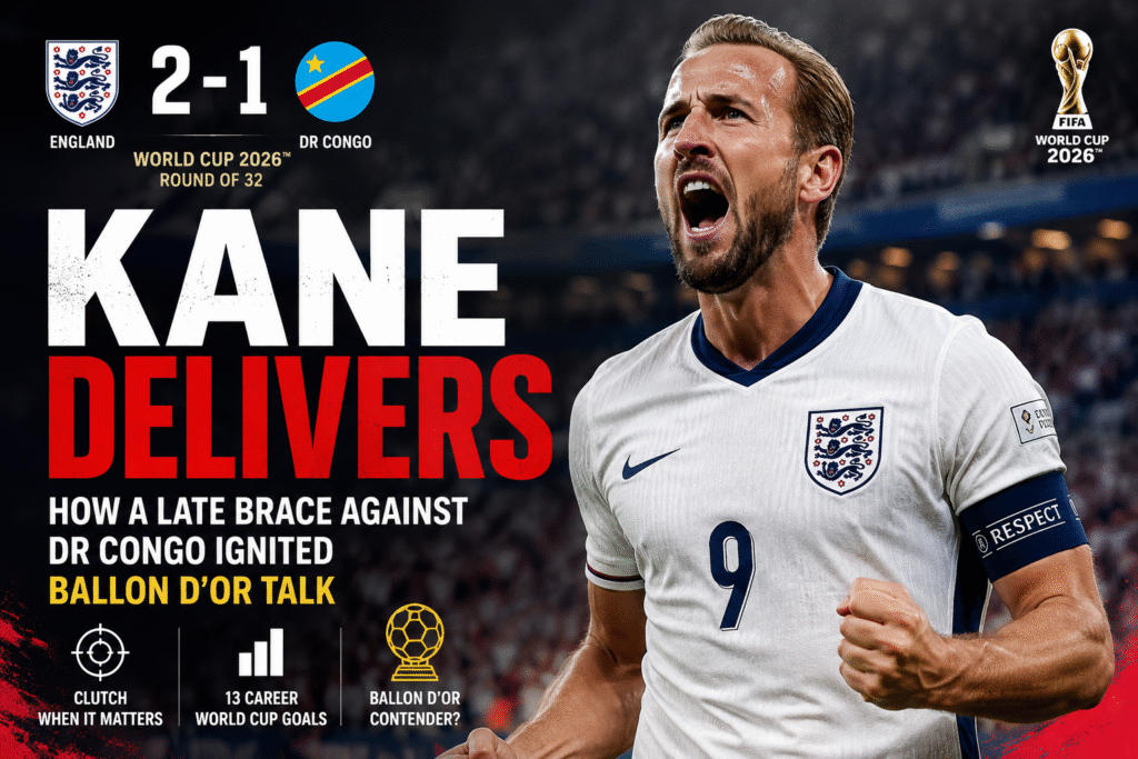 Harry Kane celebrating after scoring against DR Congo at the 2026 World Cup
