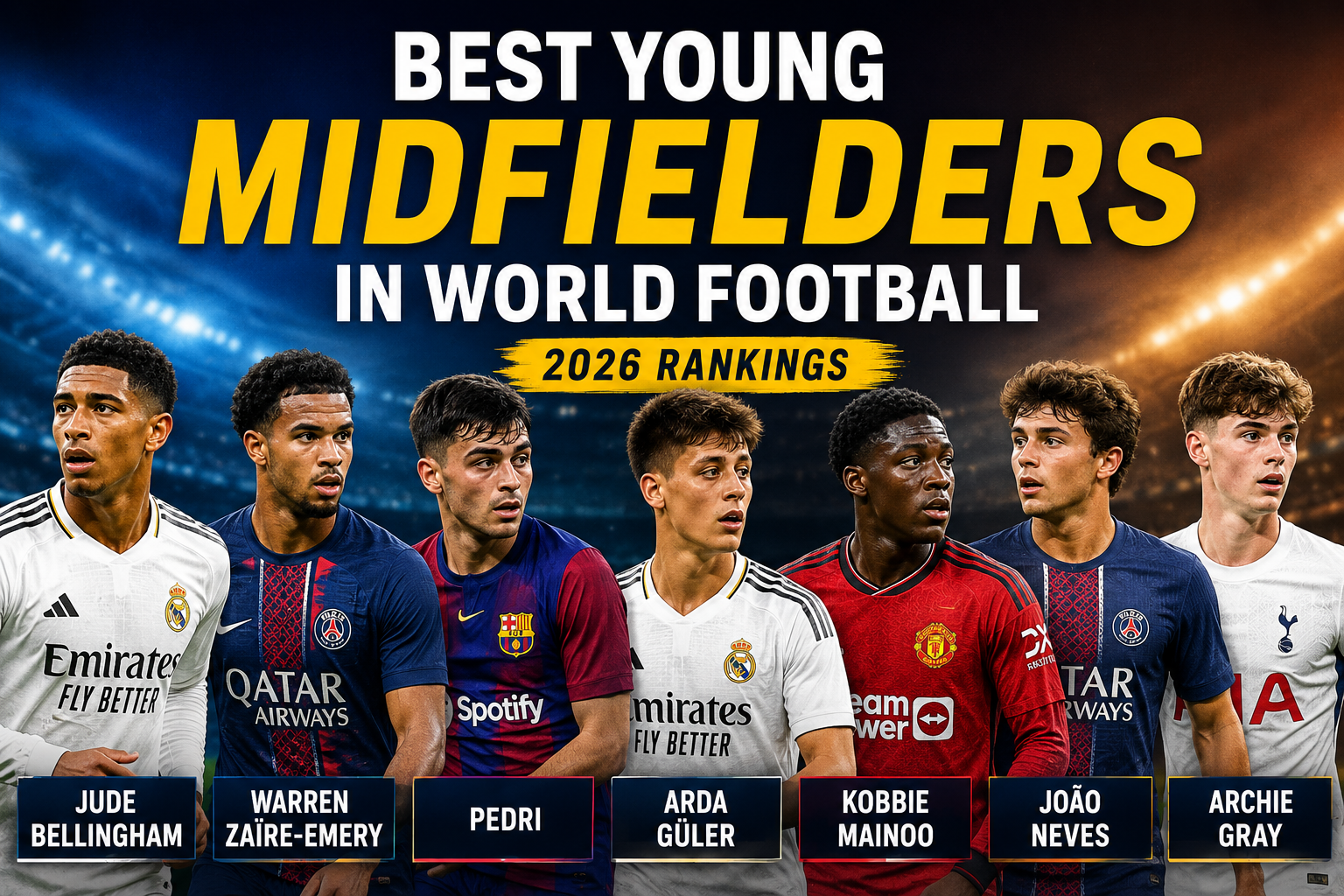 Best young midfielders in world football in 2026 including Jude Bellingham, Pedri, Warren Zaïre-Emery, Arda Güler, Kobbie Mainoo, João Neves and Archie Gray