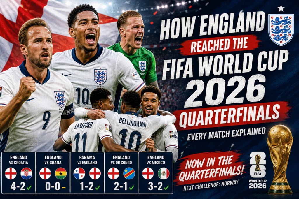 How England reached the FIFA World Cup 2026 quarterfinals after victories over Croatia, Panama, DR Congo, and Mexico.