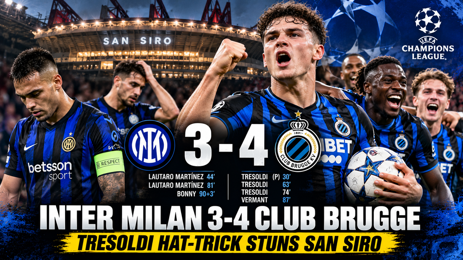 Inter Milan vs Club Brugge: Tresoldi Hat-Trick