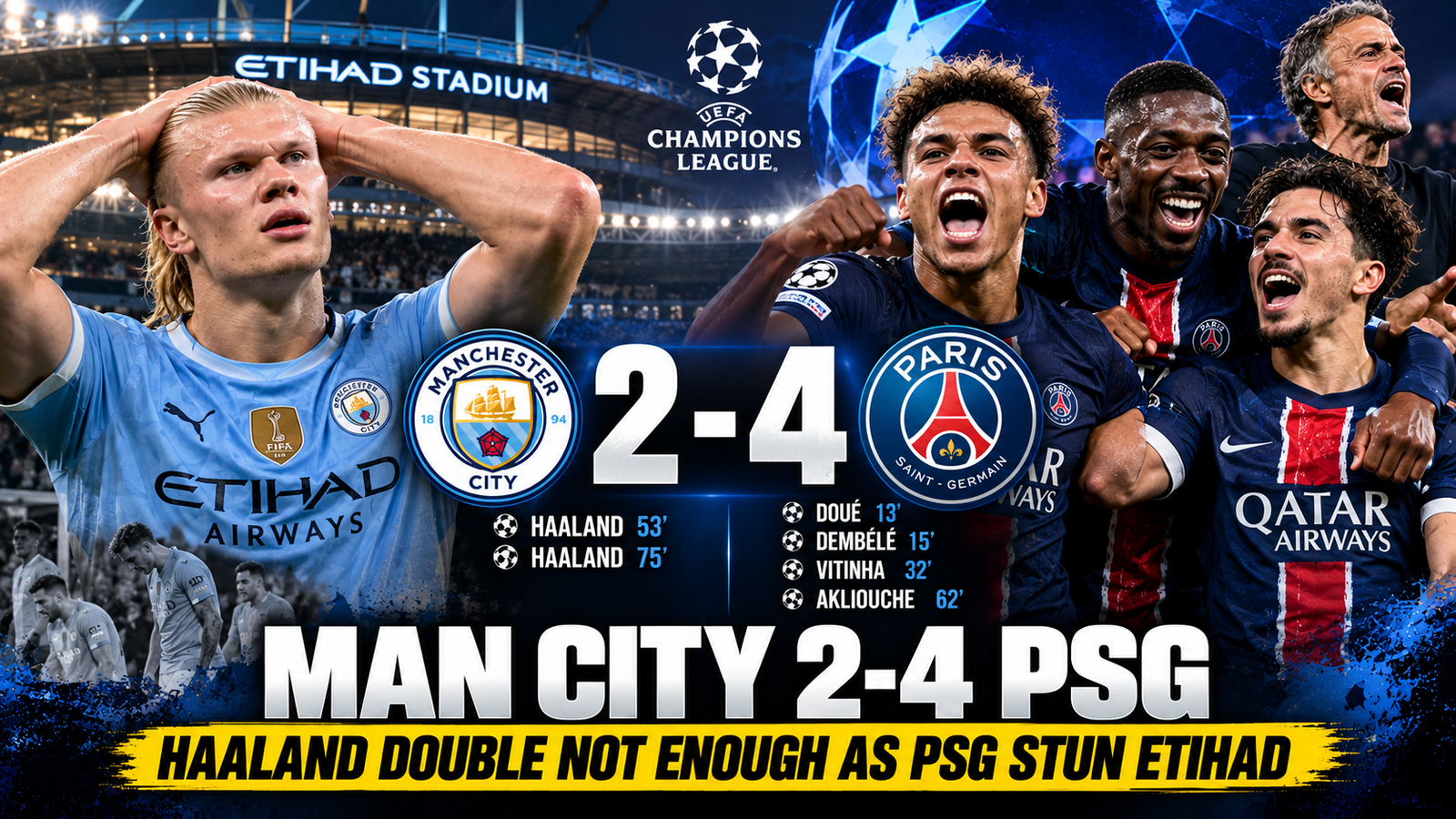Manchester City vs PSG Champions League match at the Etihad Stadium